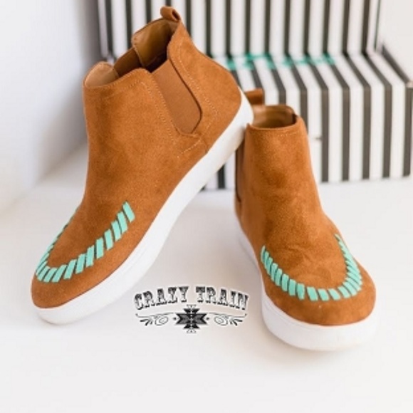 Crazy Train Shoes - Crazy Train Suede Tan with Turquoise accent Wedges